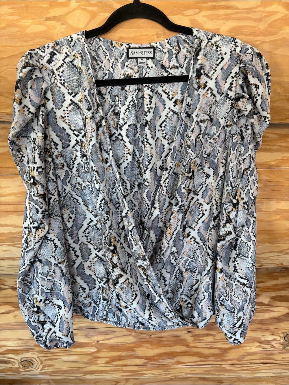 Sam & Jess Grey Snake-Print Wrap Blouse